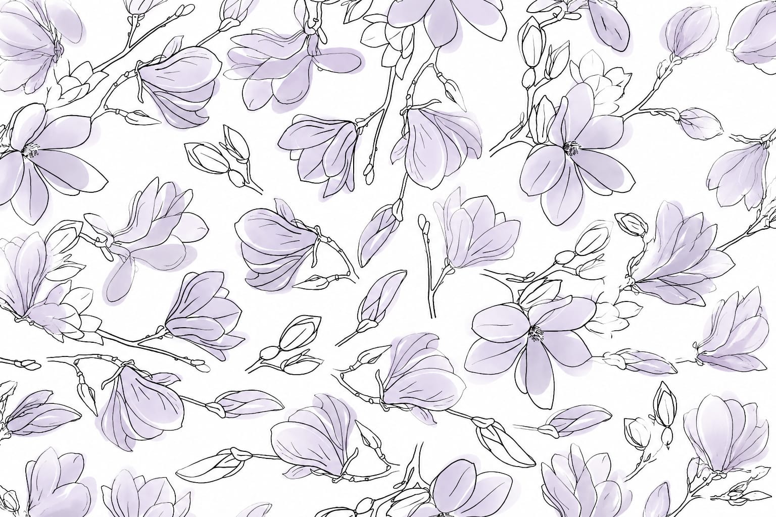 Ilustração delicada de magnólias em tons de lavanda